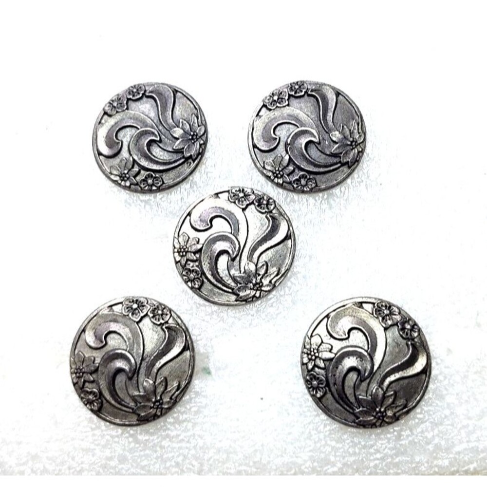 Vintage Art Nouveau Button 1" Ribbon Art Flower Silver Metal Set Of 5
